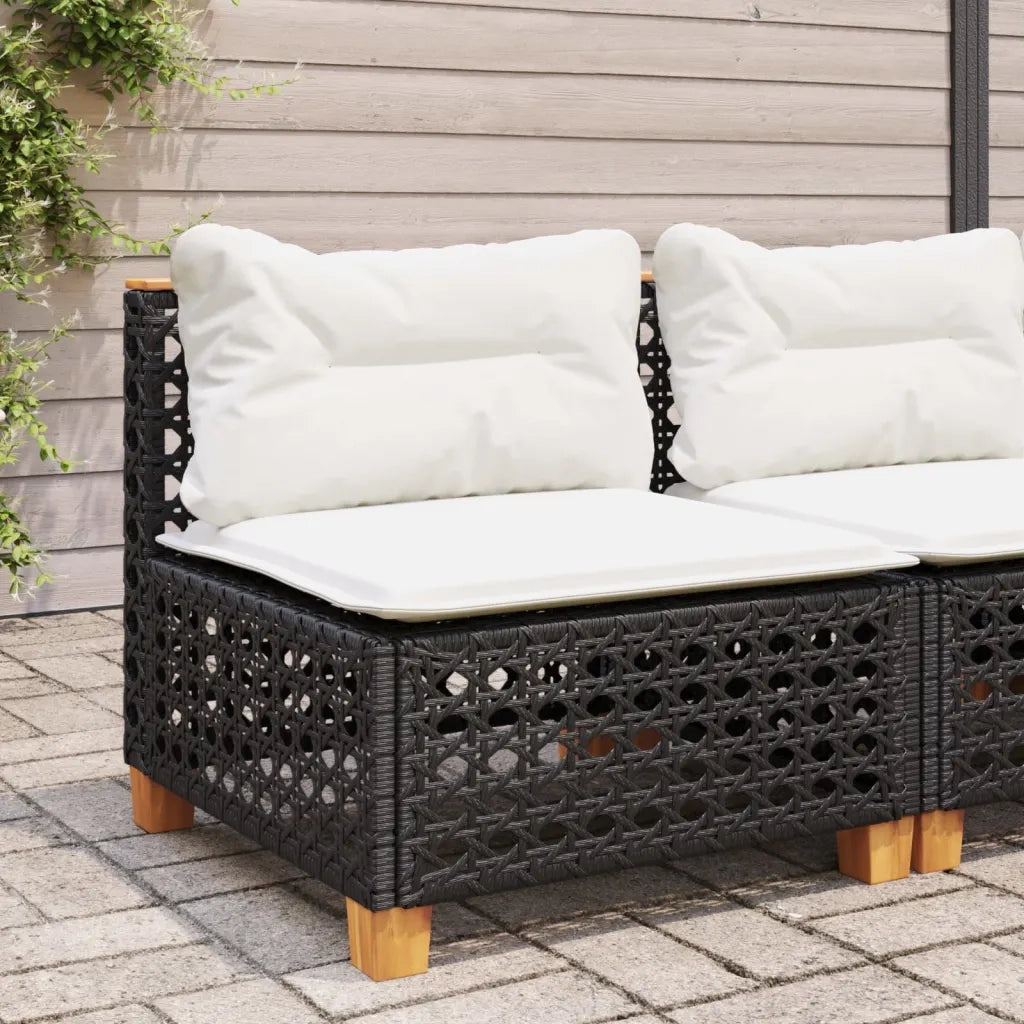 Divano Giardino Senza Braccioli con Cuscini Nero in Polyrattan 365926