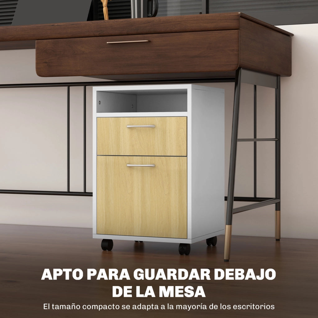 Cassettiera con Anta e Ruote per Ufficio ¨C zephmum ¨C Bianco e Naturale 40x35x60 cm