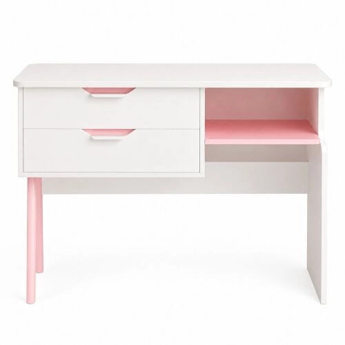 Moderna scrivania per bambini da 90 cm, bianca e rosa, con 2 cassetti e un ripiano