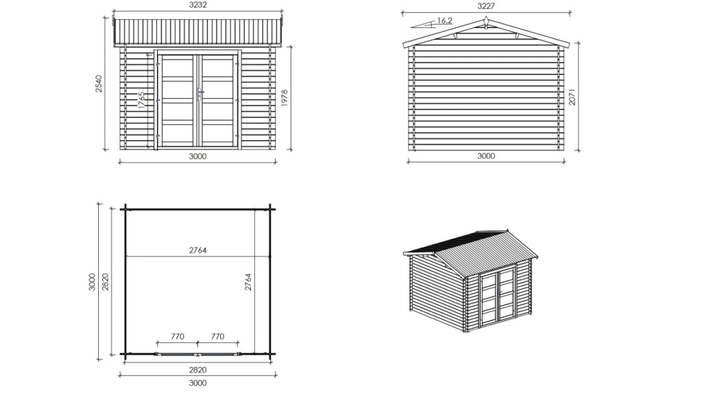 Casetta da giardino in legno – 3x3 m con estensione 4x2.76 m - 20 m² - DOM676+DOS194 - ALTANKA