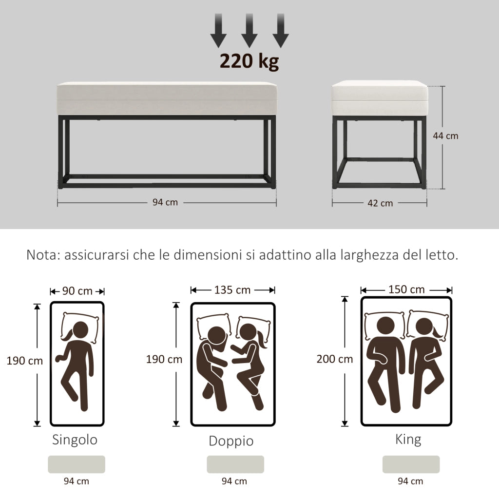 Panca da Ingresso Moderna con Appendiabiti ¨C Zephmum ¨C Acciaio Grigio, Velluto Crema, 94x42x44 cm
