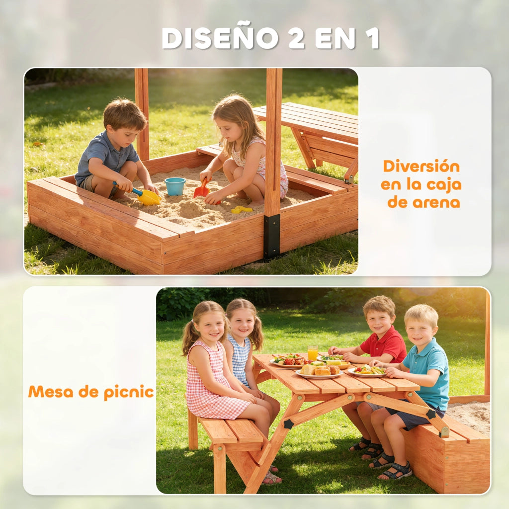 Sabbiera con Tavolo Picnic Legno ¨C Xylo ¨C Tettoia Regolabile Marrone 184x110x120cm
