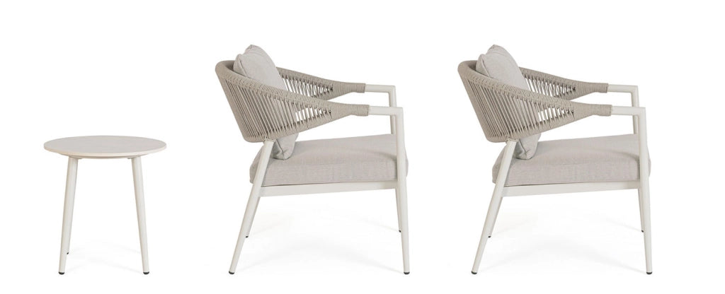 Set 3 Pezzi Salotto da Giardino con 2 Poltrone e Tavolino in Alluminio Corda Poliestere e Pietra Sinterizzata Millor