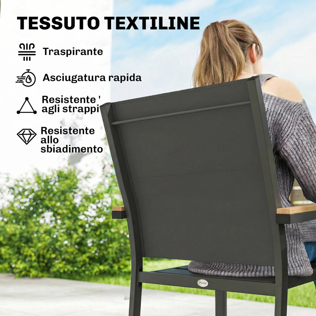 Set 2 Sedie Giardino Impilabili con Seduta e Schienale Imbottiti, Grigio Scuro
