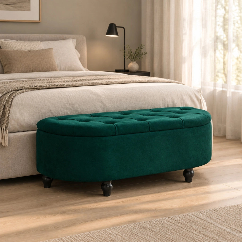 Panca contenitore in velluto verde scuro, 120 x 46 x 42 cm