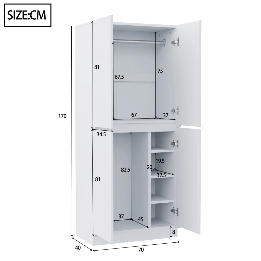Armadio a doppia anta 70×40×170 cm con ampio spazio interno; 2 ripiani e 2 colli; bianco