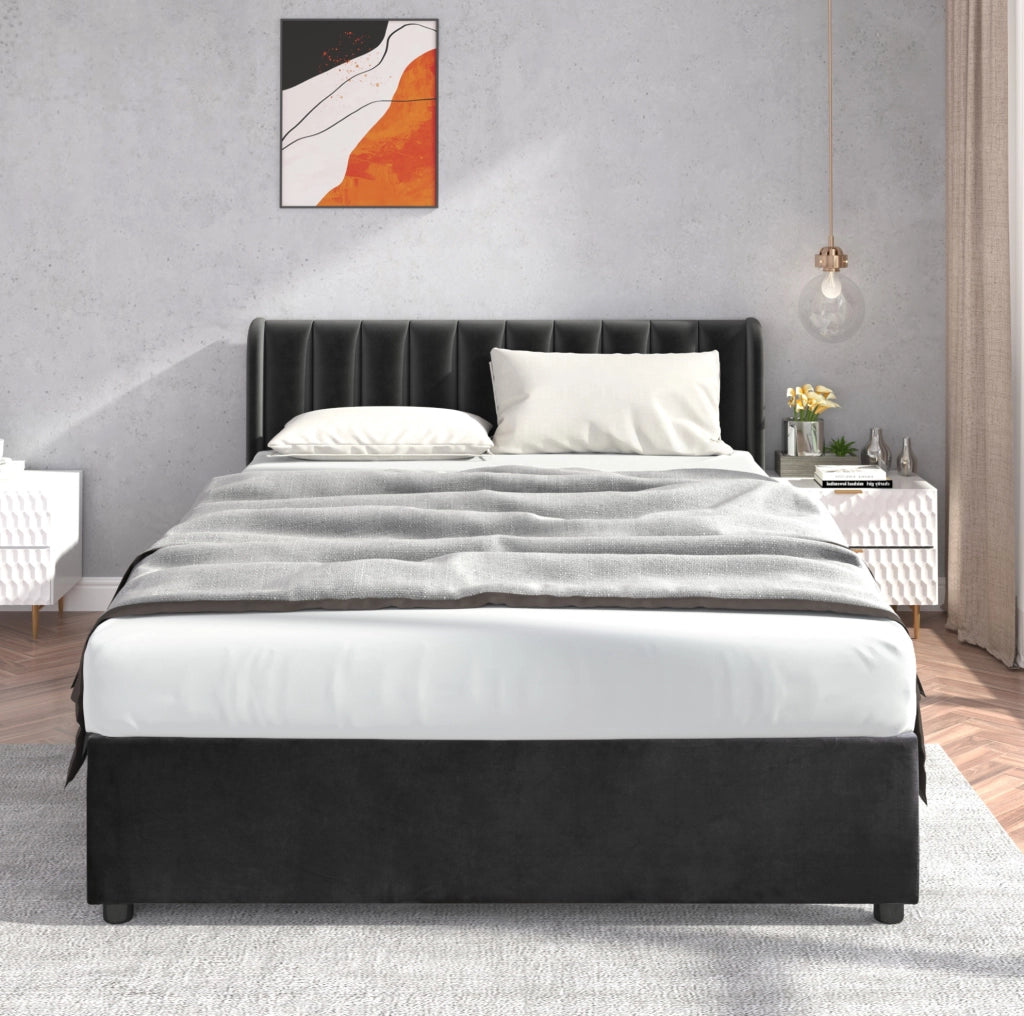 Letto imbottito 160x200 cm con 2 cassetti e rete a doghe; velluto nero