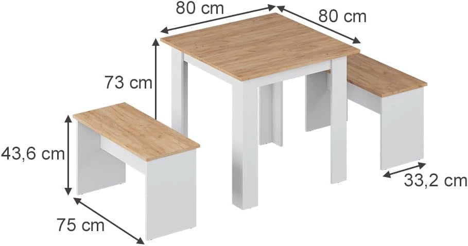 Set da pranzo Sentio, Quercia dorata/bianco, 80 x 80 cm con 2 panche, salvaspazio per zona pranzo e angolo colazione