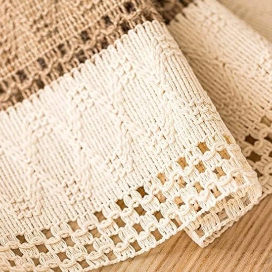 Tavolo da pranzo in cotone con macramé e spilli - stile bohemiano vintage - 30 x 120 cm