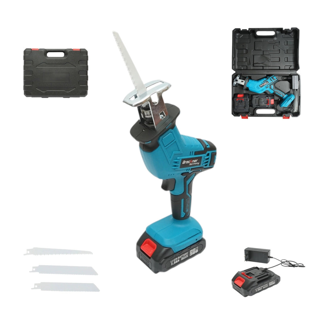 Sega elettrica a sciabola con 2 batterie 21V, 1.5Ah agli ioni di litio, LED, corsa 20mm, 0-3000 giri/min, 3 lame per legno, metallo e plastica. Breckner Germany