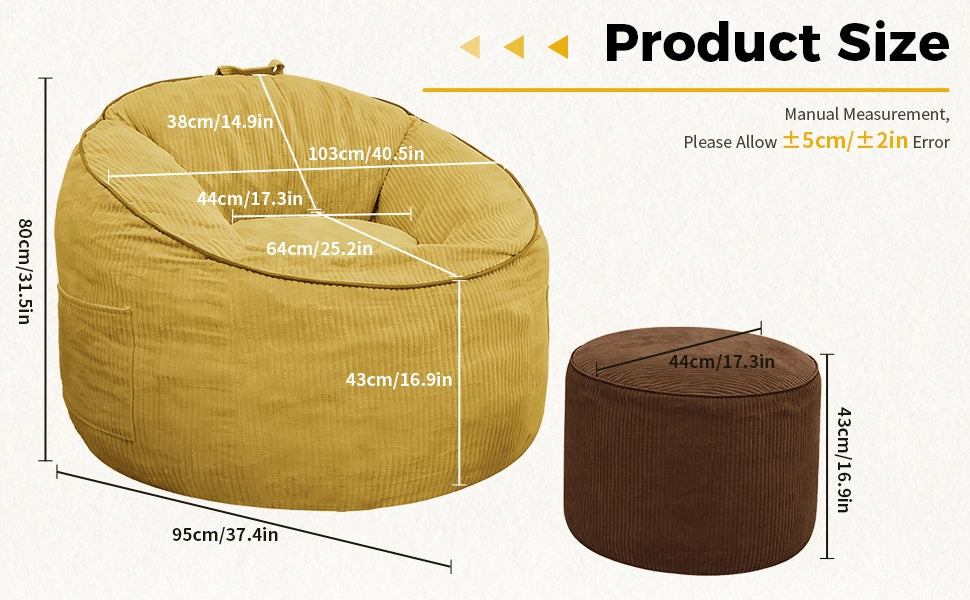 Poltrona con pouf sagomata ergonomica con tasca laterale portaoggetti per relax e lettura in flanella gialla