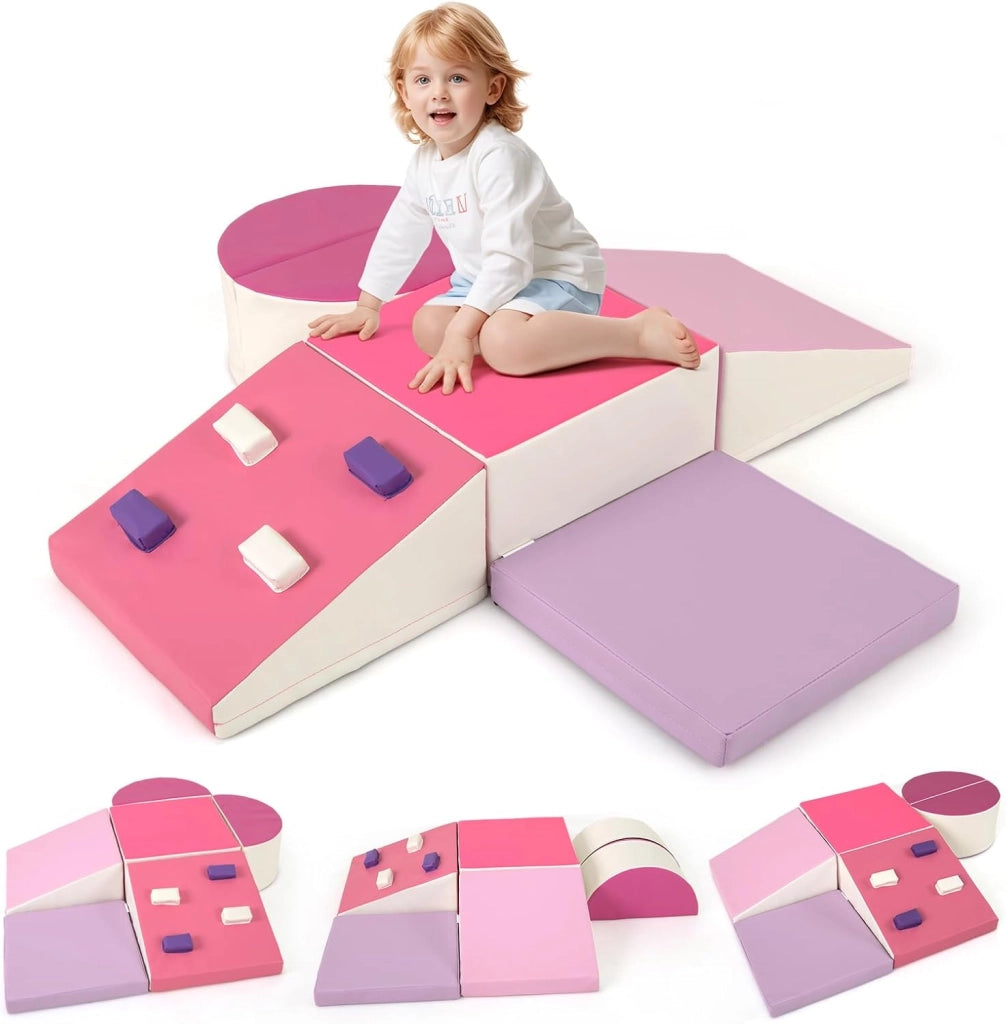 Set di 6 Blocchi di Schiuma per Arrampicata per Bambini, Blocchi in Schiuma per Arrampicarsi e Strisciare, Costruzione Mattoncini Morbidi per Bambini 12+ Mesi (Rosa)
