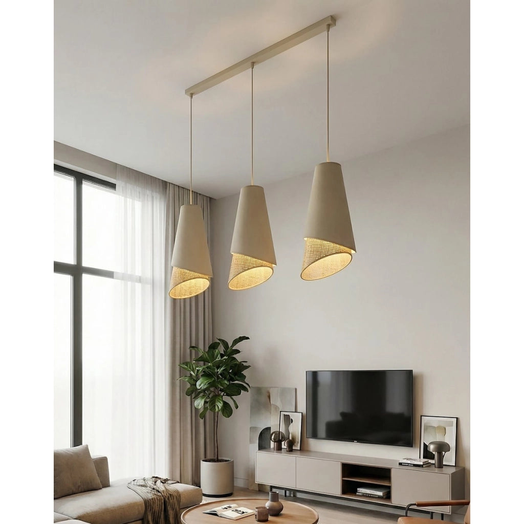 Lampada a sospensione MODA in acciaio e tessuto effetto rattan