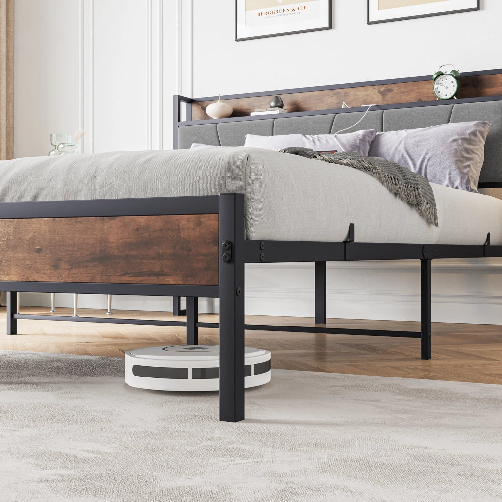 LETTO 140x200 cm con testiera contenitore, MDF e metallo, marrone antico