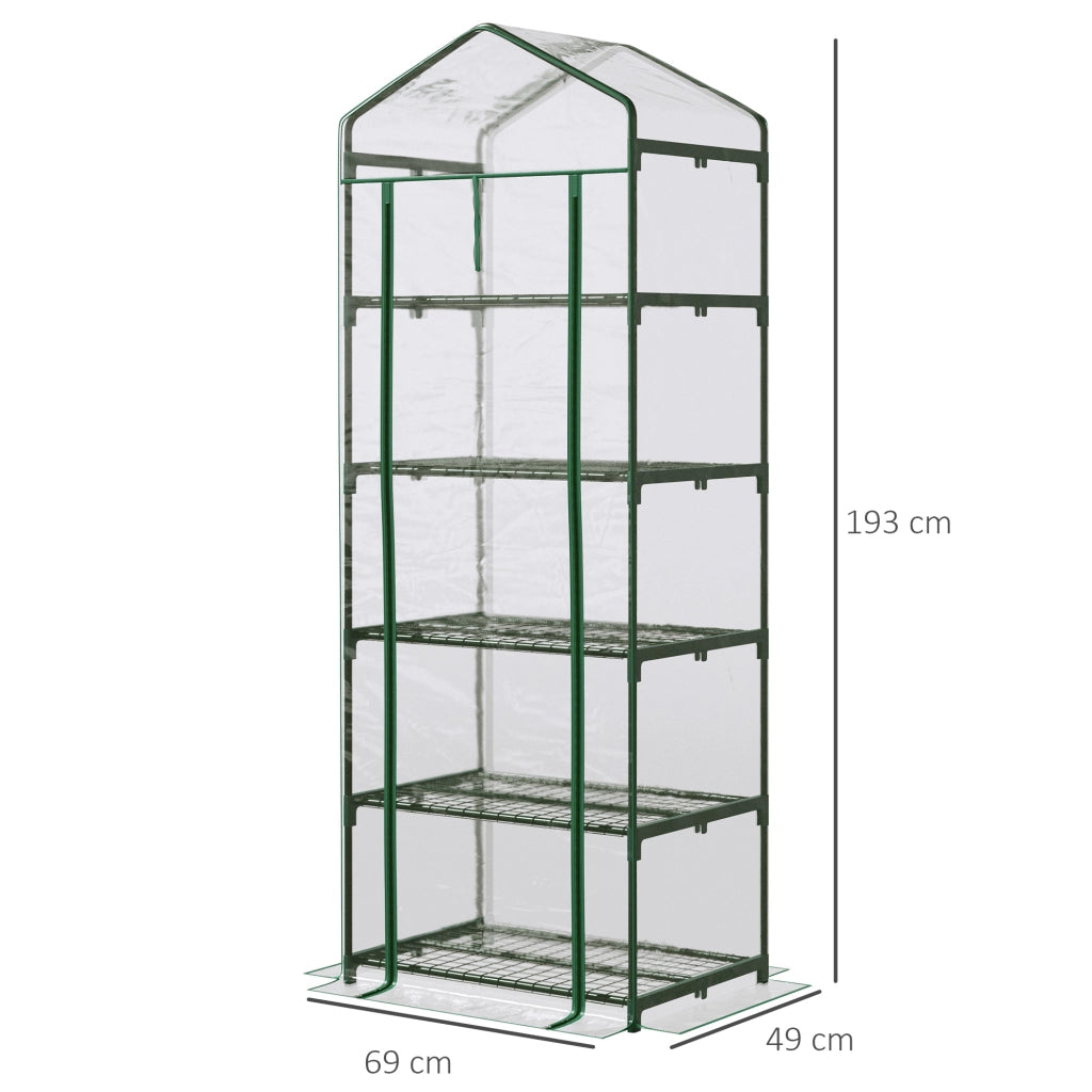 Mini Serra da Giardino e Terrazza per Piante a 5 Ripiani in Acciaio con Copertura in PVC. 69x49x193 cm. Verde