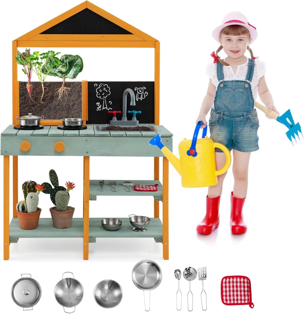 Cucina Giocattolo per Giardino con Vaso da Piantinaggio Trasparente, Rubinetto e Lavandino Rimovibile, Cucina in Legno di Abete per Bambini, Set Cucina con 8 Accessori (Blu e Arancio)