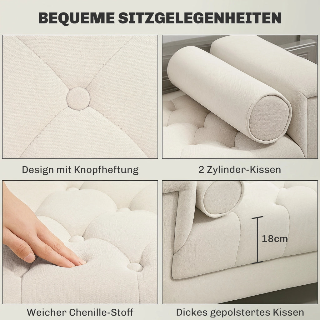 Panca da letto imbottita vintage con braccioli e cuscini, struttura in legno, in poliestere beige
