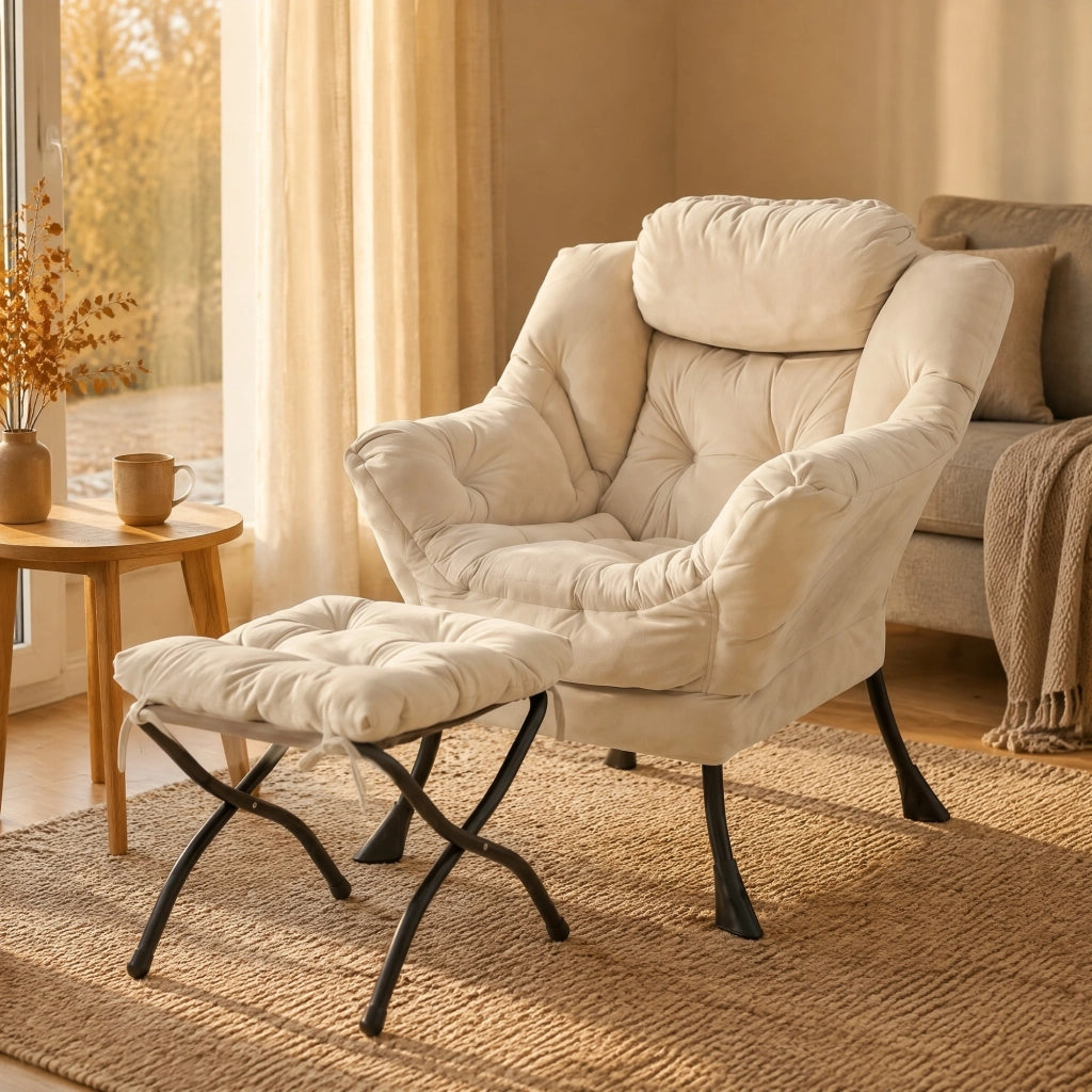 SEDIA Relax con Poggiapiedi Set da 2 pezzi Beige Tessuto e Metallo