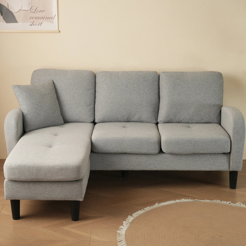 Divano angolare modulare con chaise longue 166x118x77 cm; tessuto effetto lino grigio