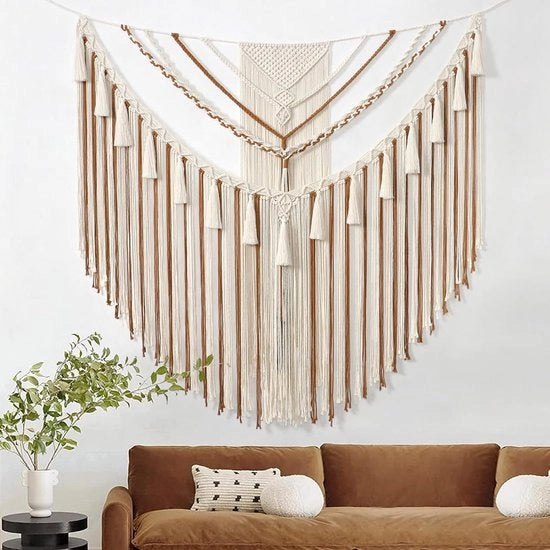 Tappeto da parete macramé - decorazione boho - 1 pezzo - giallo - cotone - 120x90 cm