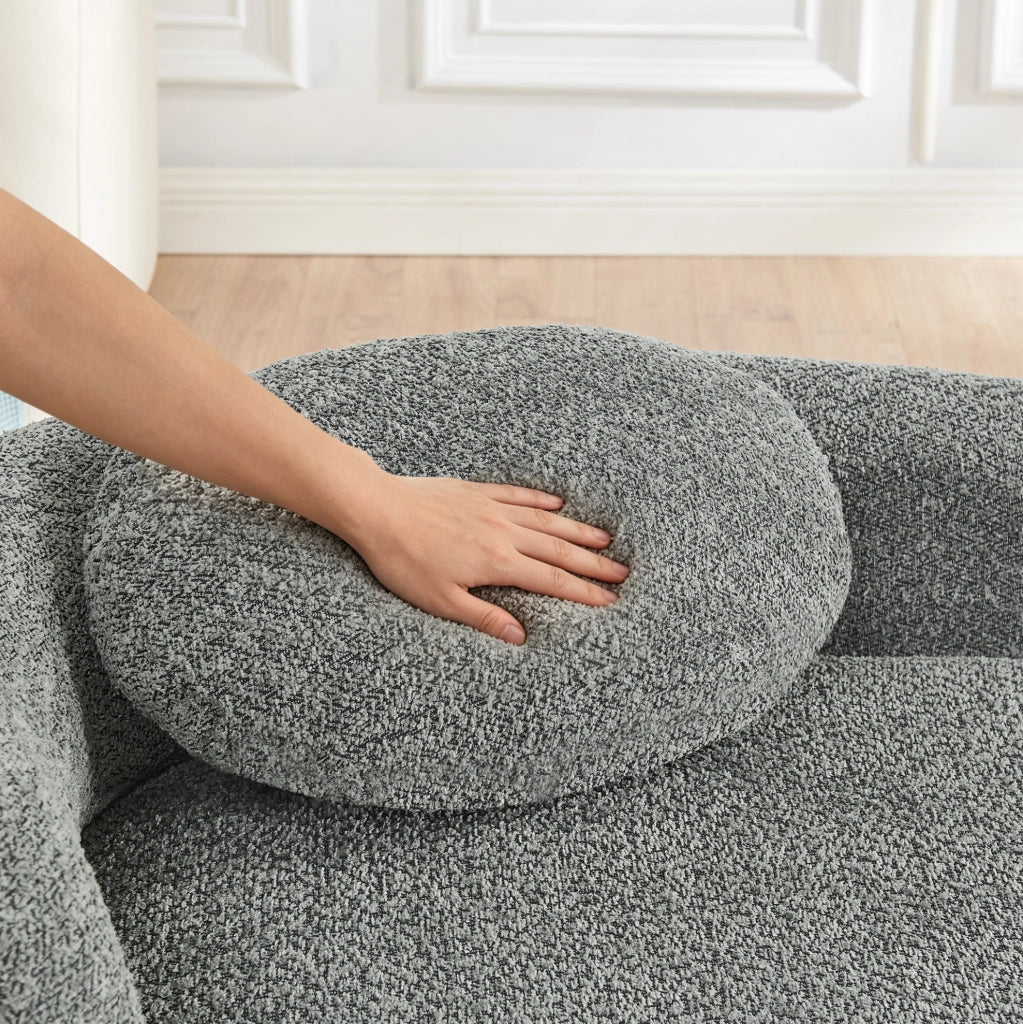 Divano compatto in tessuto Teddy, colore grigio scuro, design arrotondato