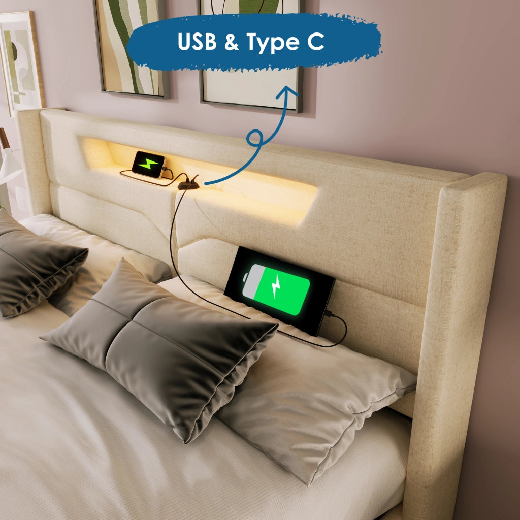OKWISH Letto Contenitore 140×200 cm, Letto Matrimoniale con USB, Type C e LED Regolabile, senza Materasso, in Lino, Beige