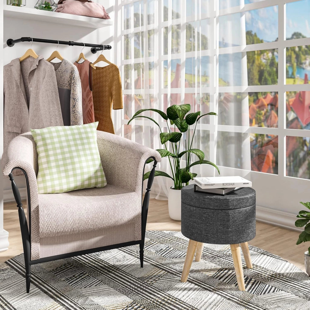 Set di 2 Pouf Contenitore Sgabello Basso Sedia Rotonda Poggiapiedi Gambe in Legno Grigio Scuro
