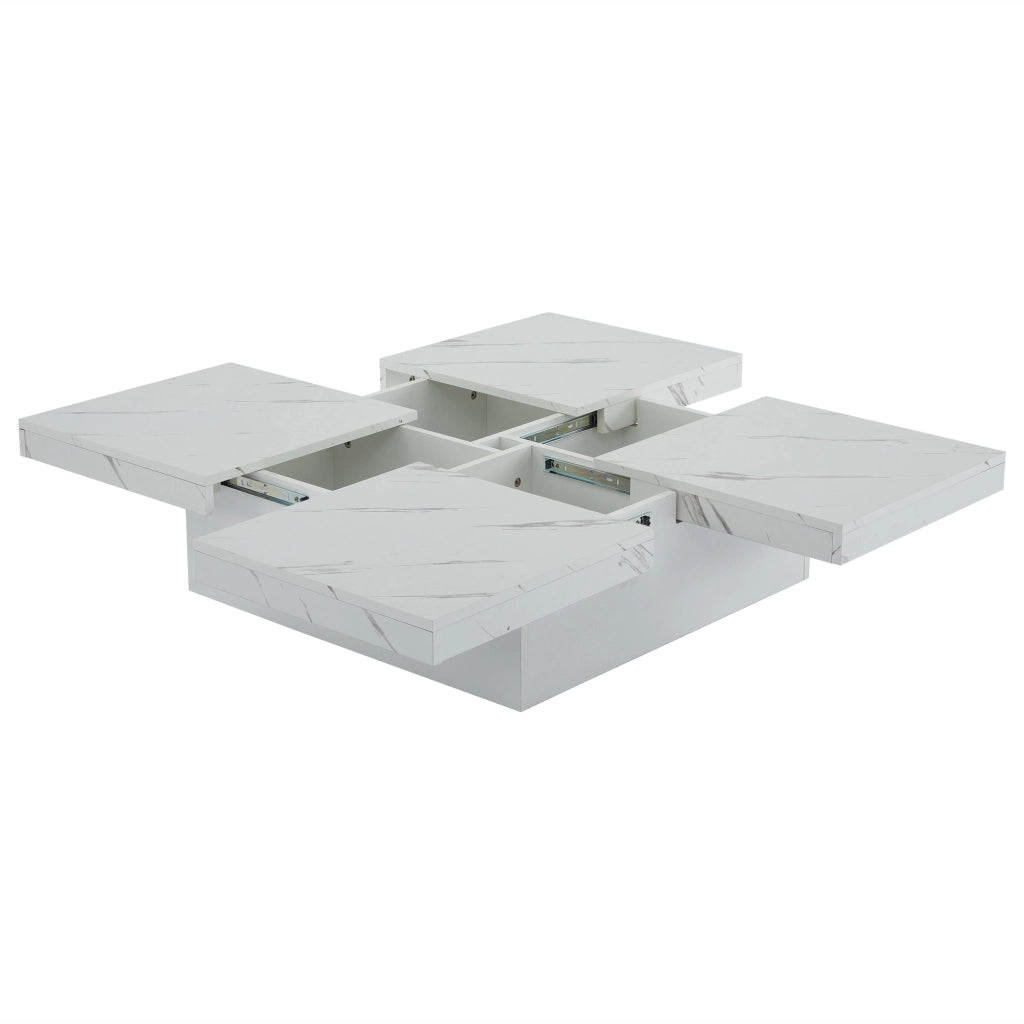 Tavolino da caff¨¨ quadrato moderno bianco con effetto marmo, 90 x 90 x 25 cm, 4 cassetti, piano scorrevole, portata fino a 30 kg