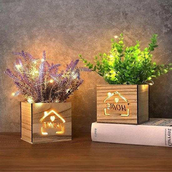 Pianta finta con luci led in scatola di legno - 2 pezzi - 11 x 9 x 26 cm - Decorazione per casa/ufficio/biblioteca/keuken - San Valentino/Festa della Mamma