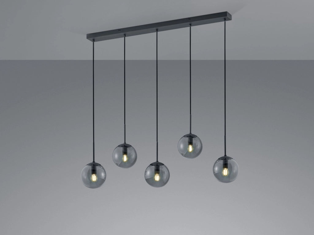 BALINI SOSPENSIONE LINEARE SFERE VETRO FUME' E METALLO ANTRACITE 5 LUCI L. 115CM ATTACCO E14