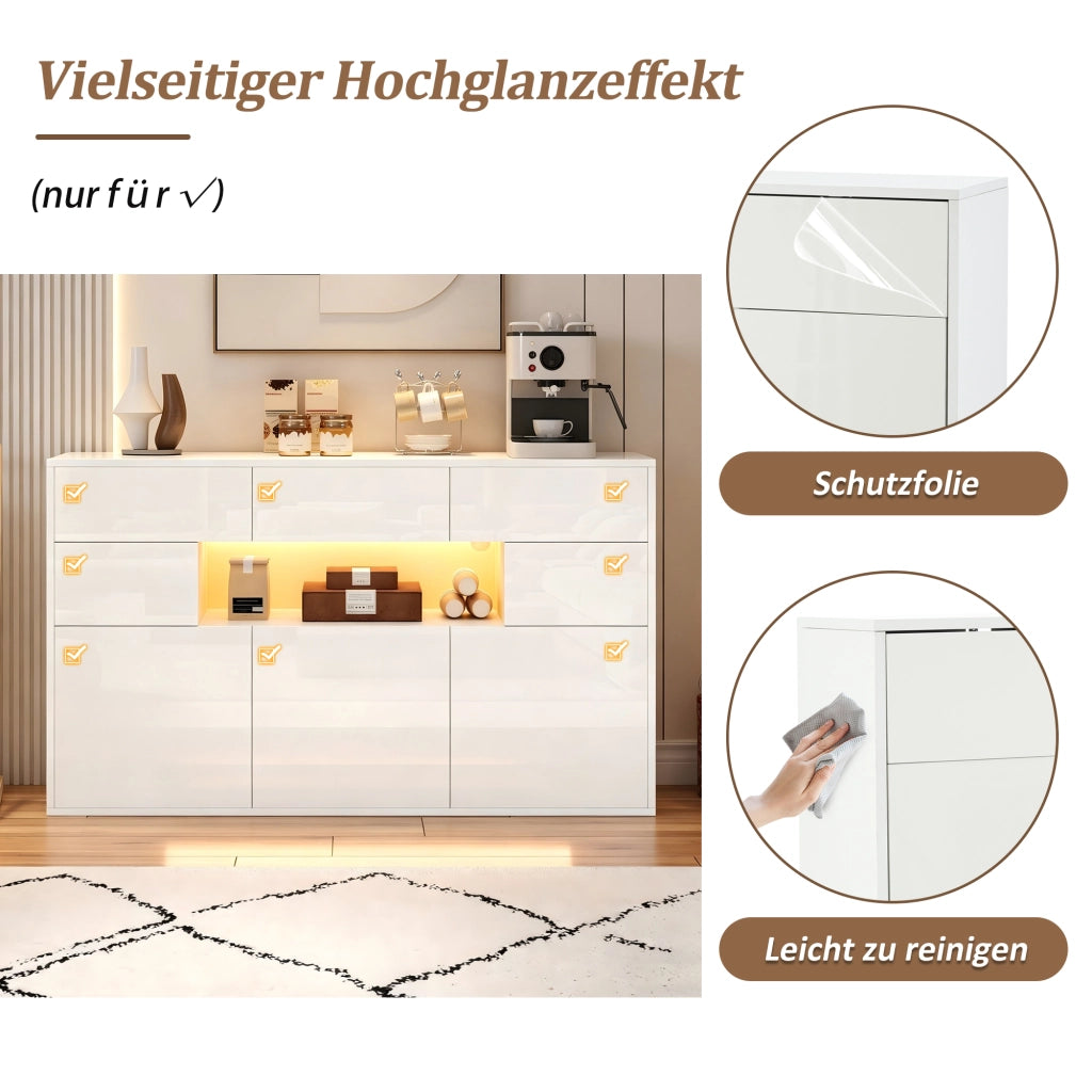 CREDENZA 140 x 30 x 82 cm bianco lucido in MDF con LED, 3 cassetti e 5 ante