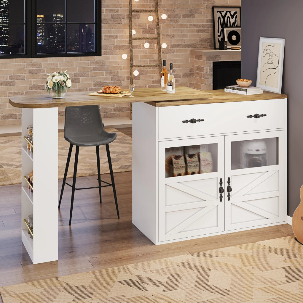 Tavolo bar 138-204x39x104 cm girevole con spazio contenitore in MDF bianco