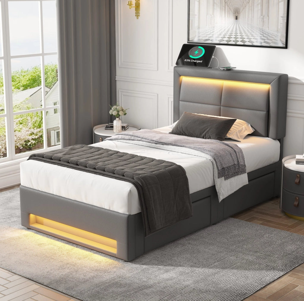 Letto imbottito 90x190 cm con LED, USB e 4 cassetti