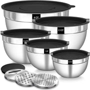 Set di posate per insalata, 5 pezzi, in acciaio inossidabile, con coperchio chiusura, 3 grattugie, ripiegabile, lavastoviglie.