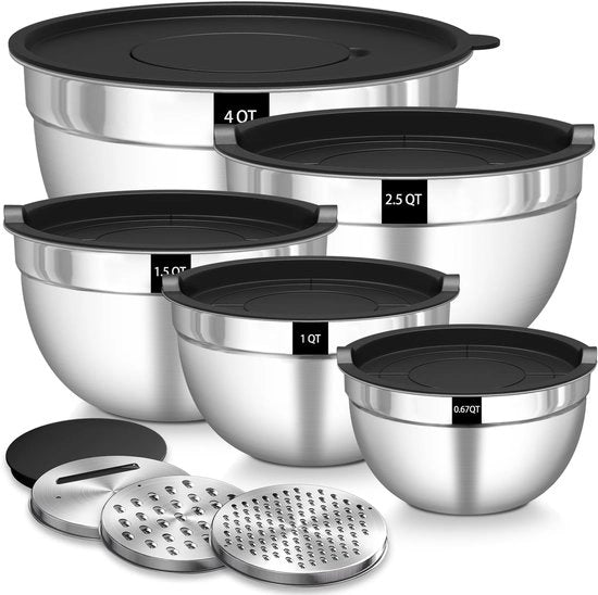 Set di posate per insalata, 5 pezzi, in acciaio inossidabile, con coperchio chiusura, 3 grattugie, ripiegabile, lavastoviglie.