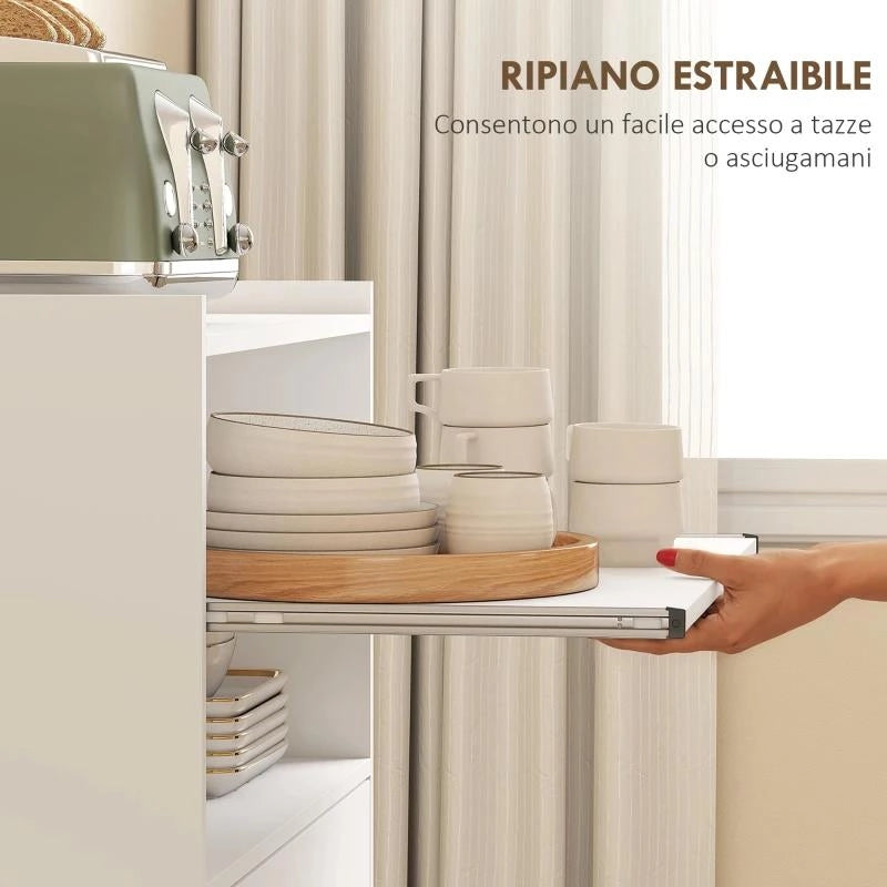 MOBILE MICROONDE IN LEGNO CON CASSETTO, ARMADIETTO A 2 ANTE E 2 RIPIANI, 59X40X92 CM, BIANCO