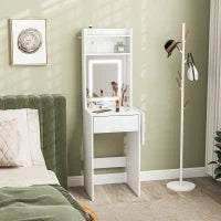 Tavolo da Trucco Compatto con Specchio e Illuminazione a LED, Piano Pieghevole, Mensole Aperte, Cassetto, MDF, Bianco