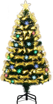 Albero di Natale con Luci in Fibra Ottica 120/150 cm, Albero di Natale Preilluminato con 8 Modalità di Illuminazione, 130/170 Rami, 14/20 Fiocchi di Neve, Puntale a Stella e Base (120 cm)