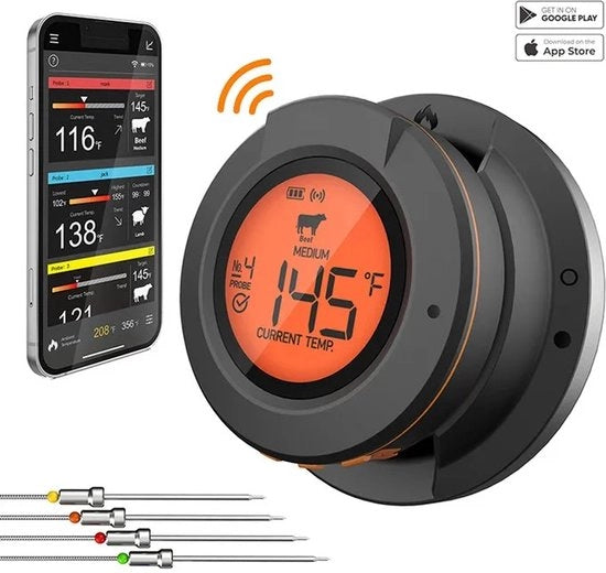 Termometro per BBQ a Radio - 4 Termistici - 0-380°C - Funzione di Allarme - Bluetooth - Per Barbecue e Cucina