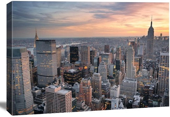 Disegno di città 120x80 cm Skyline di New York al tramonto - Disegno su tela - Decorazione per parete - Stampa d'arte - Quadro in legno - Pronto all'uso - Stampato su tela