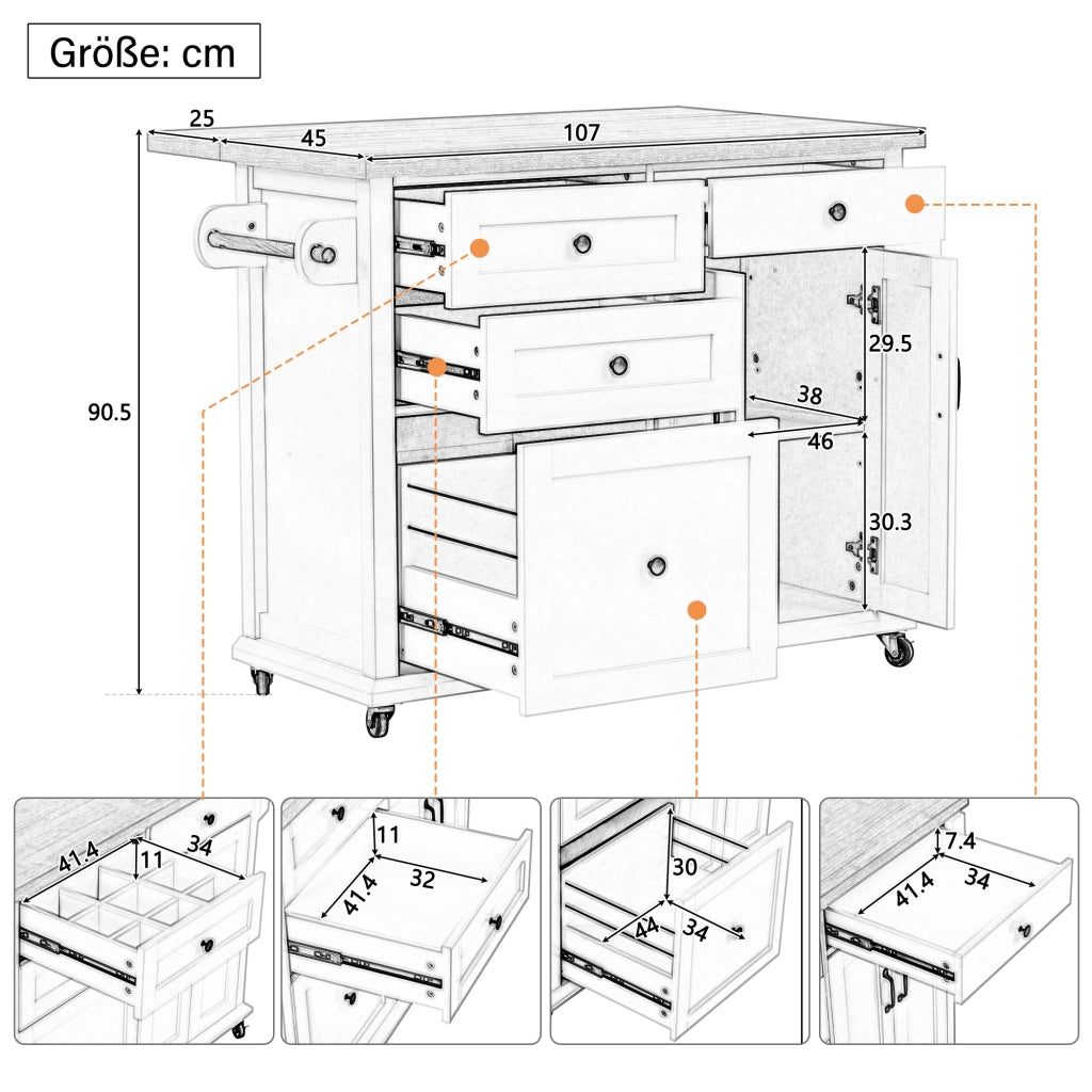 Carrello da cucina con 2 ante, cassetti multifunzione e piano estraibile, per cucina e sala da pranzo, in MDF, bianco, 107 × 45-70 × 90,5 cm