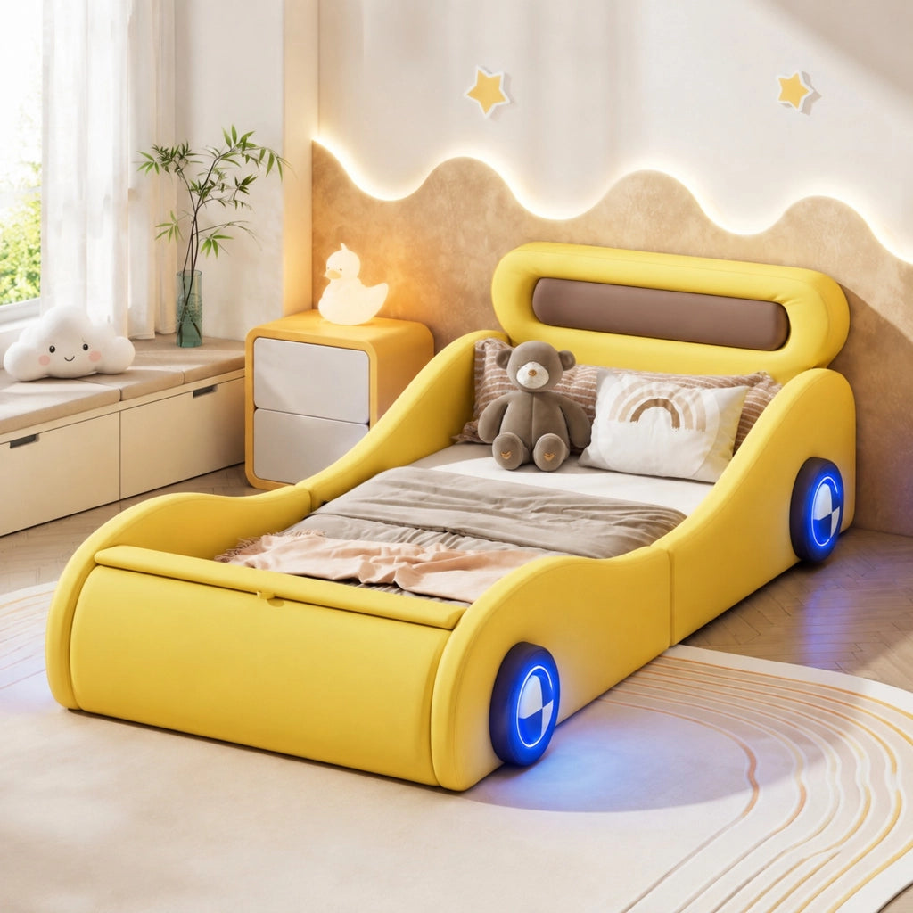 Letto imbottito a forma di auto 90×200 cm giallo con ruote luminose e vano portaoggetti