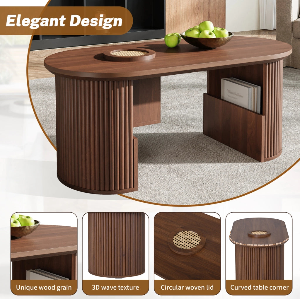 Tavolino da caffè ovale con vani contenitore; 105 x 50 x 46;5 cm; MDF color noce