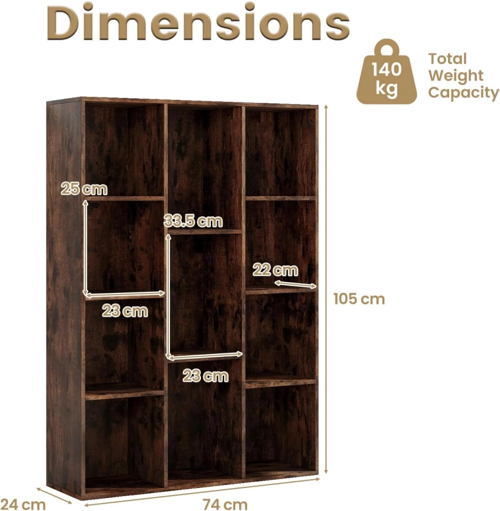 Libreria Aperta con 11 Scomparti, Libreria a Cubi, Arredamento Casa, Scaffale da Ufficio, 74 x 24 x 106 cm (Marrone)