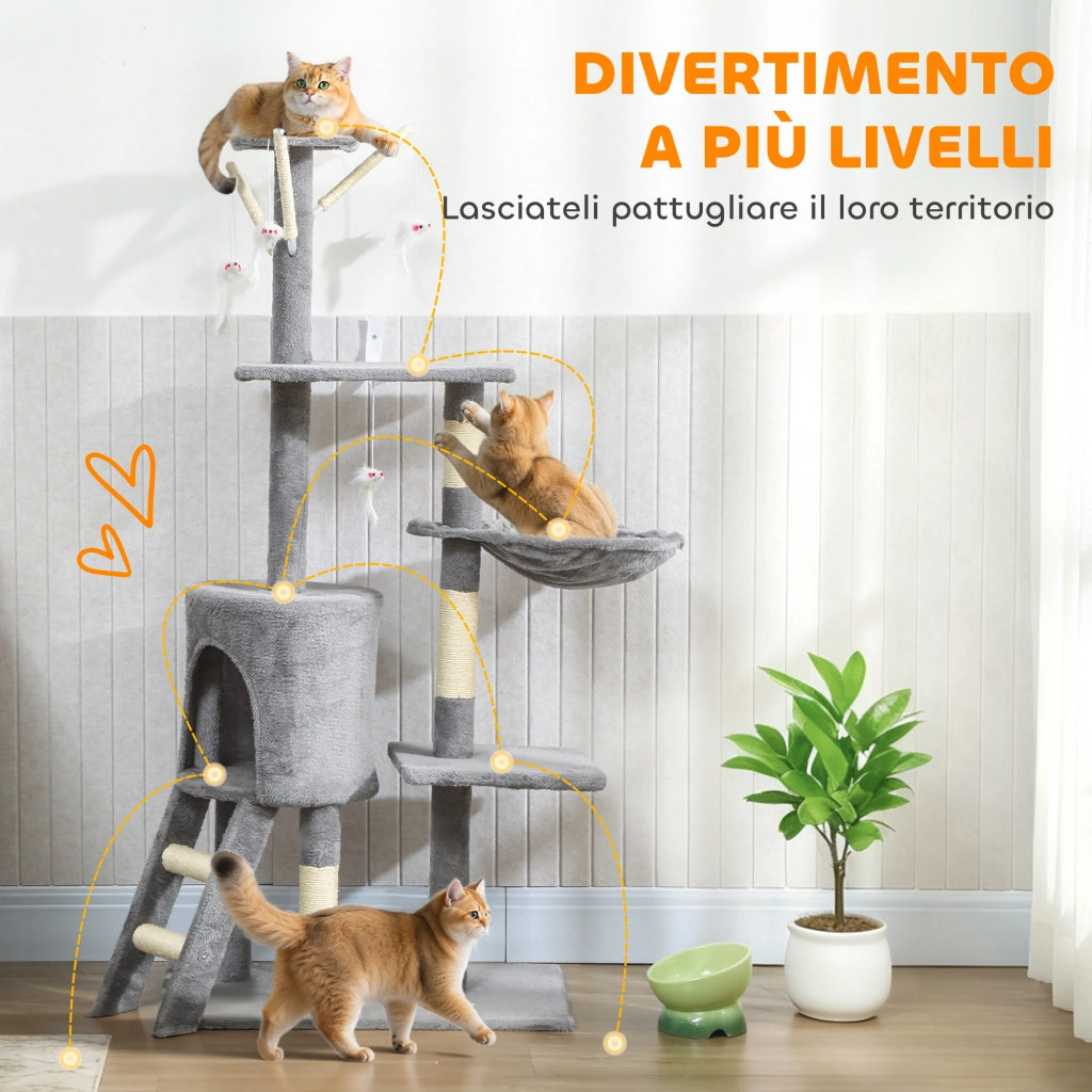 Torre per Gatti con Casetta. Trespolo. Piattaforme e 4 Topolini. in Legno. Peluche e Sisal. 60x35x134 cm. Grigio