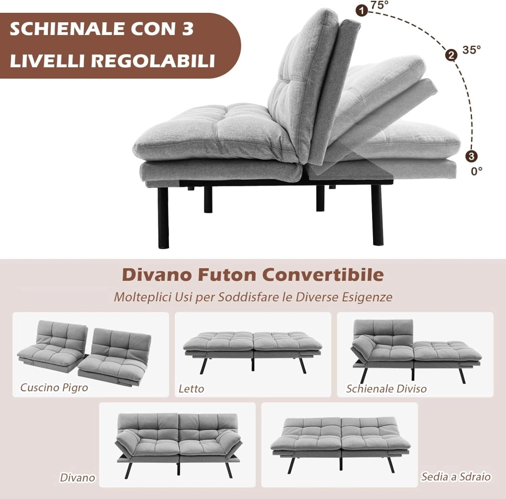Divano Letto Convertibile, Schiuma di Memoria con Schienale e Poggiatesta Regolabili, Schienale Regolabile in 3 Posizioni, Multiuso e Moderno, per Camera da Letto Salone Balcone (Grigio)