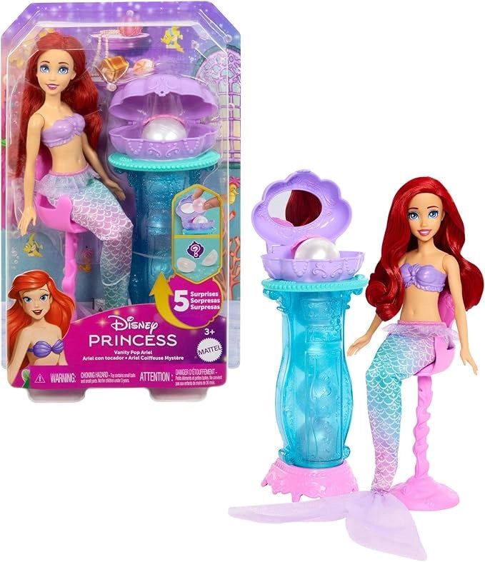 Disney Princess - Ariel e la Specchiera Magica, set bambola con coda da sirena rimovibile e specchiera con 5 perle a sor