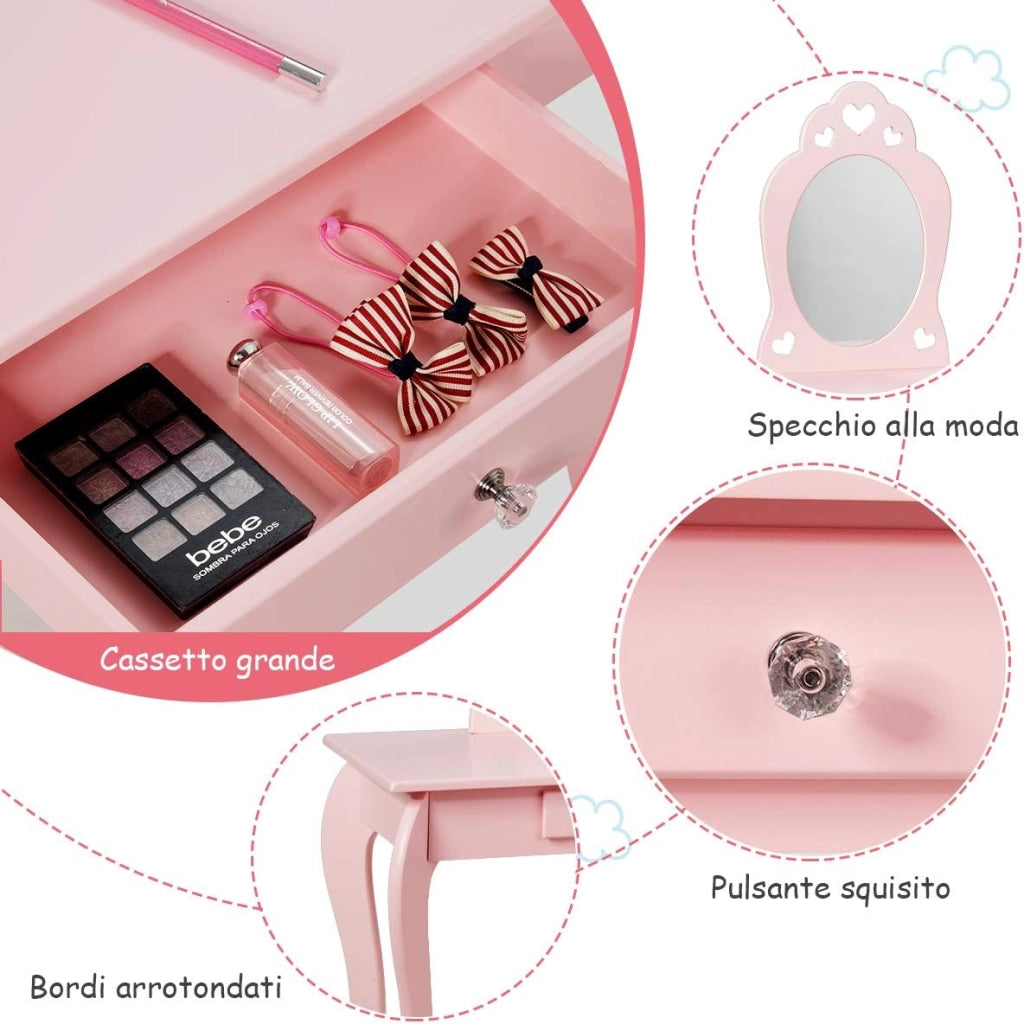 Set Toeletta e Sedia per Bambine - Specchio e Cassetto, Toletta Trucco 2 in 1 con Superficie Smontabile, 70 x 34 x 105 cm, Rosa