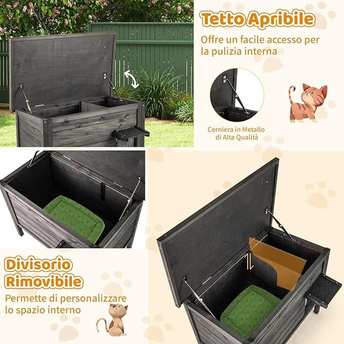 Cuccia Gatto Esterno Inverno 88 x 55 x 71 cm, Casetta Gatti Calda in Legno con Isolamento in Schiuma, Tetto Apribile in Asphalt e Porta, Rifugio termica per Gatti Multipli (Nero)