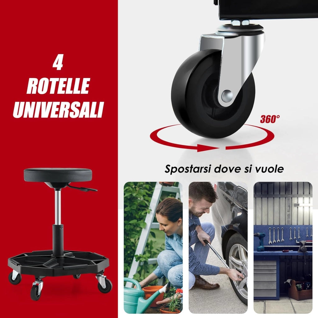 COSTWAY Sgabello da Officina con Ruote, con Ripiano per Attrezzi e Viti, Portata di 150 kg, Altezza Regolabile e Girevole, Sedia Meccanico per Garage, Officina (Nero)